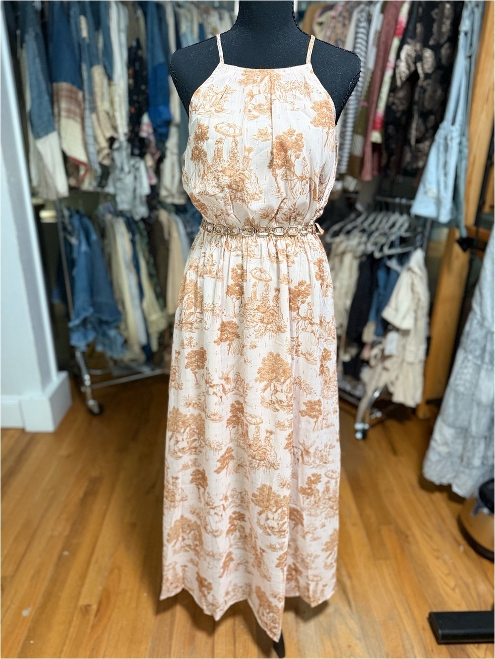 MEET ME IN SANTORINI Phaedra’s Garden Maxi Dress w Gold Chain Belt NWT Small - Picture 1 of 7